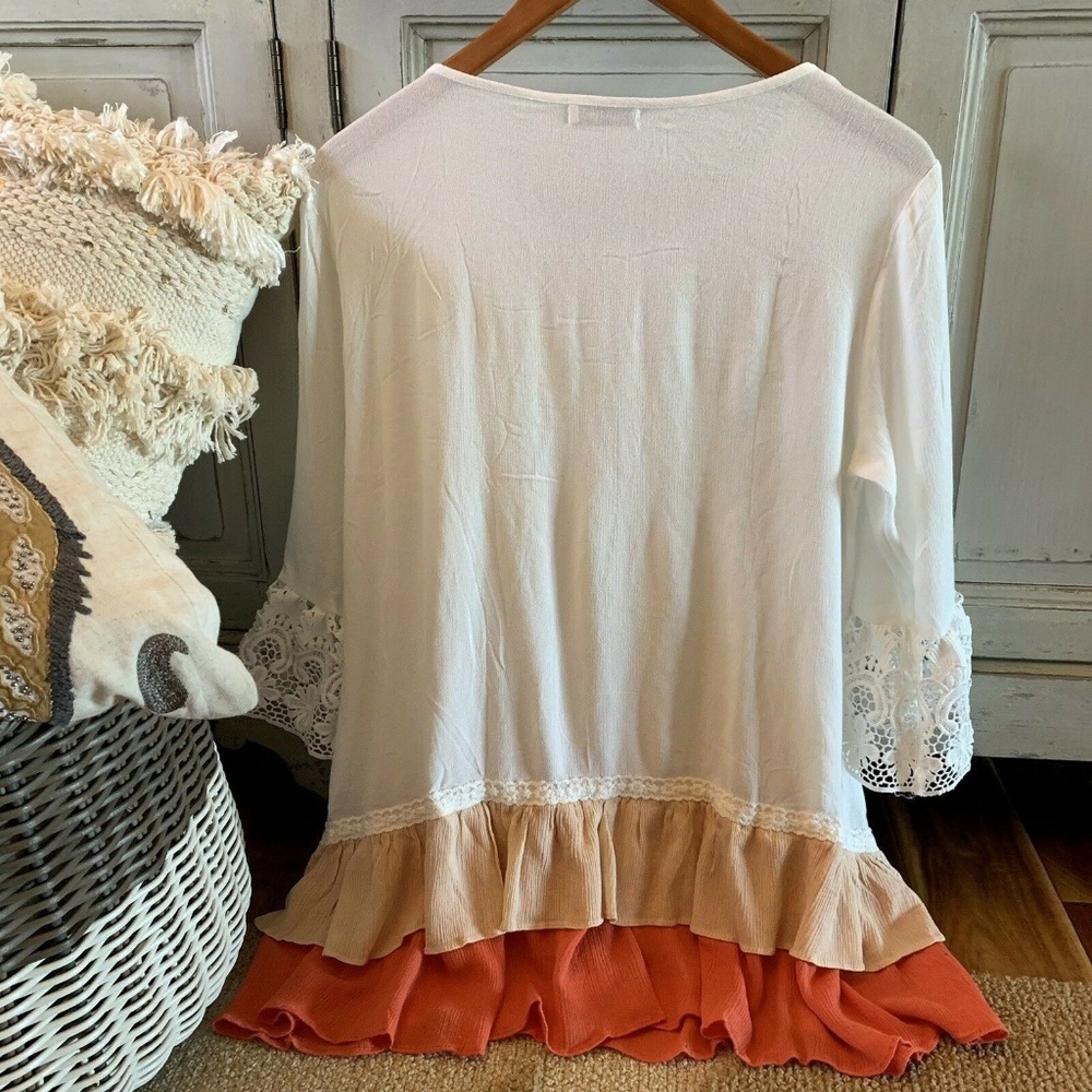 Last Few! Ruffle Hem White Lace Tunic Blouse Top - Picture 5 of 8